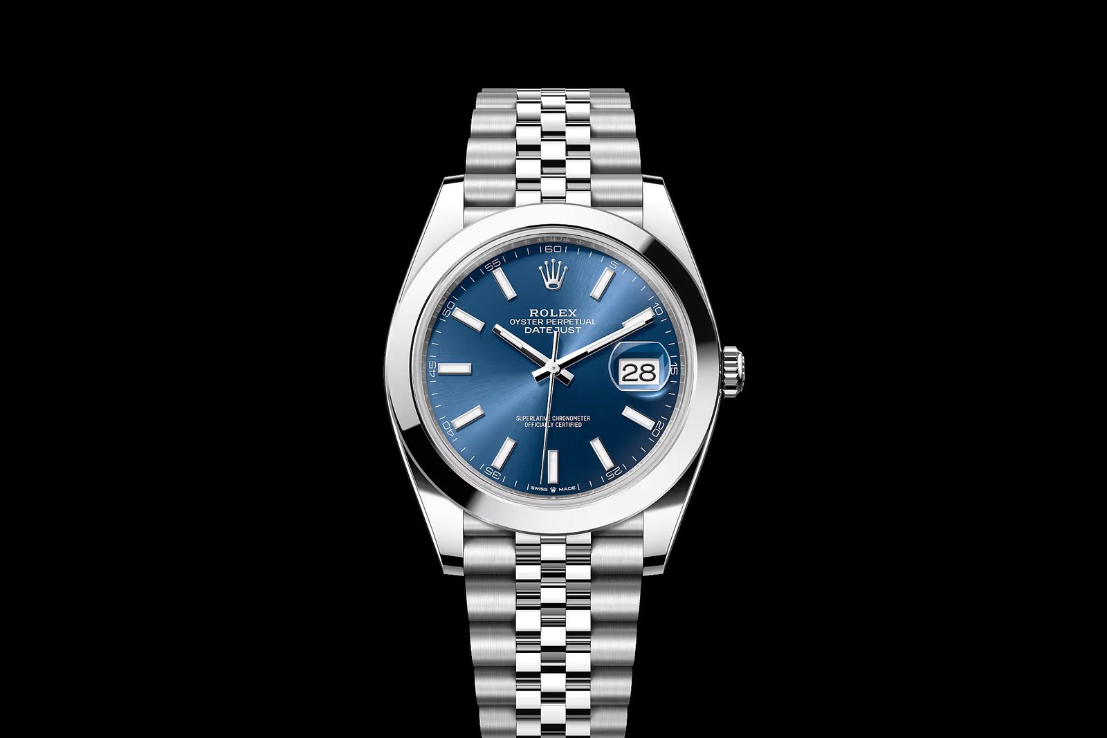 Steel Rolex Datejust 41 126300 with smooth bezel, blue dial and jubilee bracelet
