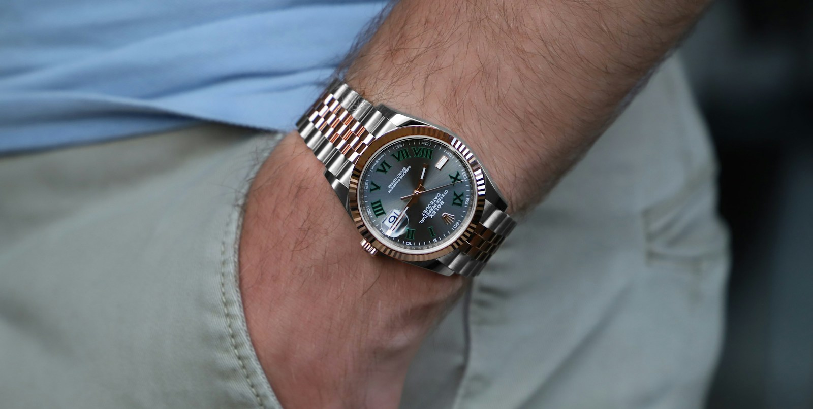 Rolex Datejust with Wimbledon dial on the wrist
