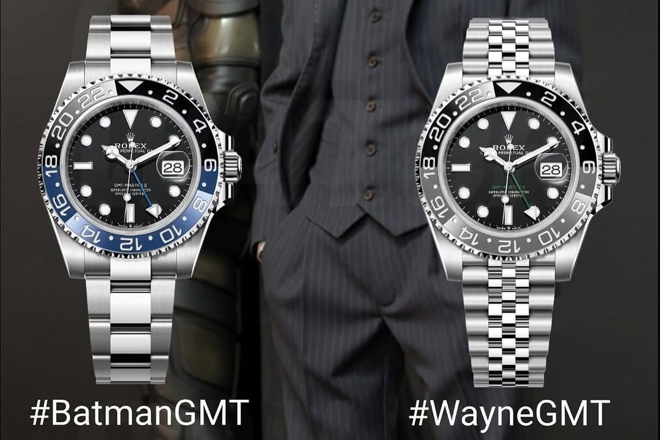 Rolex GMT-Master II 126710BLNR with blue and black bezel next to a GMT-Master II 126710GRNR with grey and black bezel
