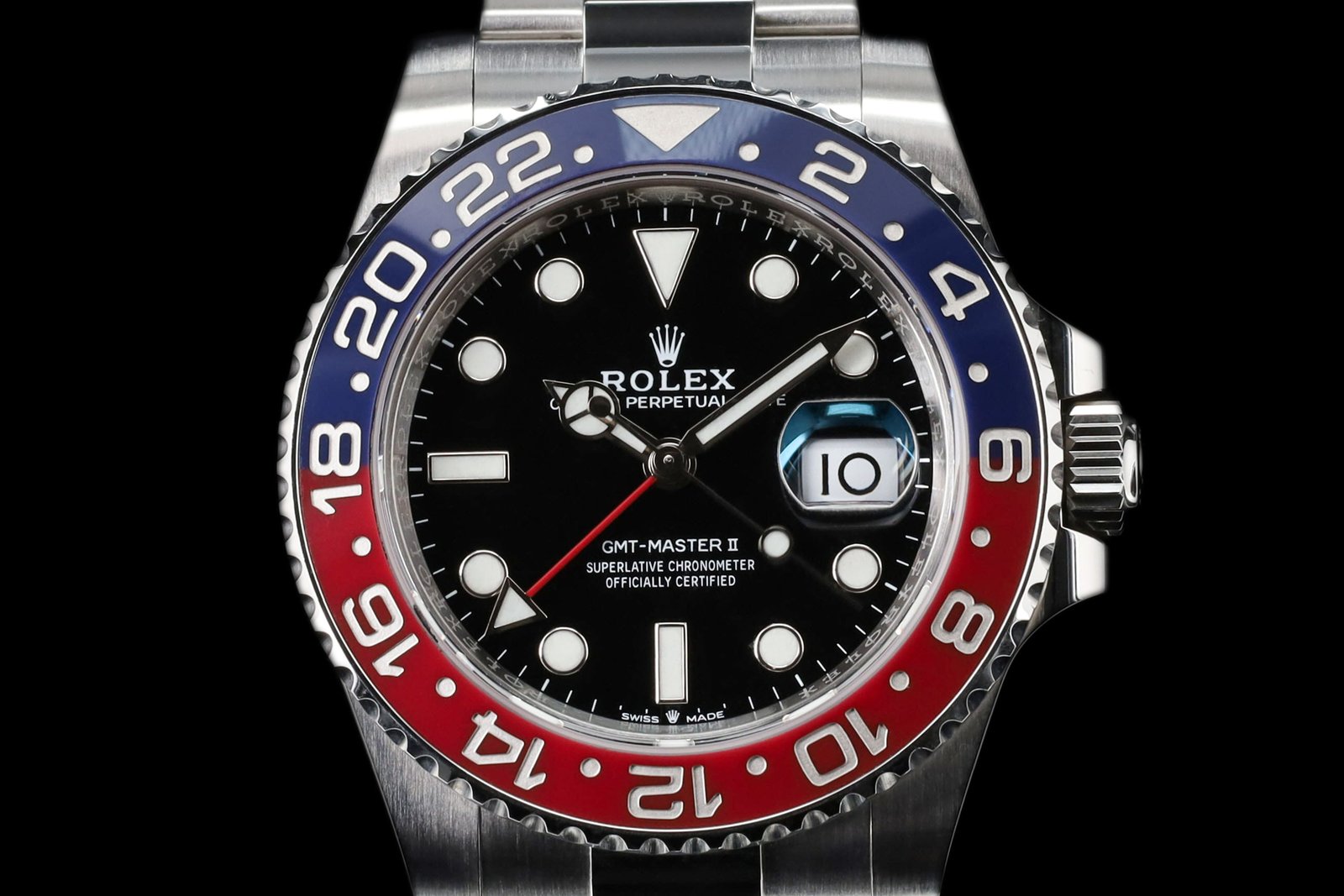 Steel Rolex GMT-Master II Pepsi with blue and red ceramic bezel and black dial on an Oyster bracelet